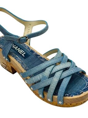 CHANEL LIGHT BLUE CRUISE 2018 COLLECTION GLITTER DENIM CORK AND WOOD HEEL PEARL